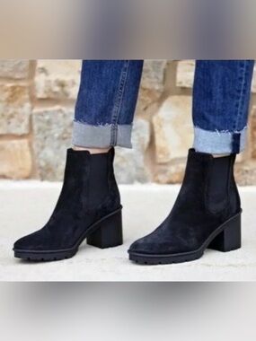 Vince Camuto Black Suede Chelsea Block Heel Ankle Boots